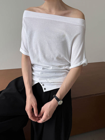 Slanted shoulder hem waist one-shoulder T-shirt women's summer new niche design sense Korean simple short sleeves