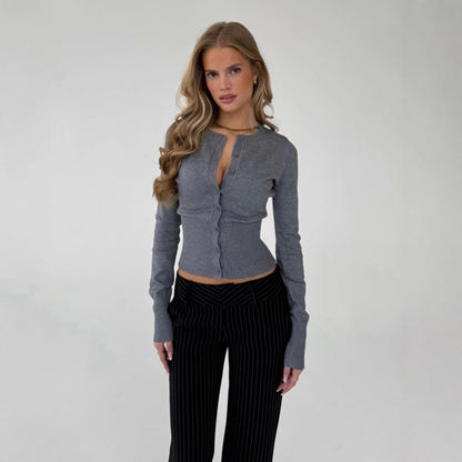 Round Neck Long Sleeve Cardigan Women Slim Fit Button-Front Knit Sweater