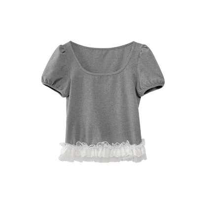 Sweet age-reducing lace trim square neck short-sleeved T-shirt