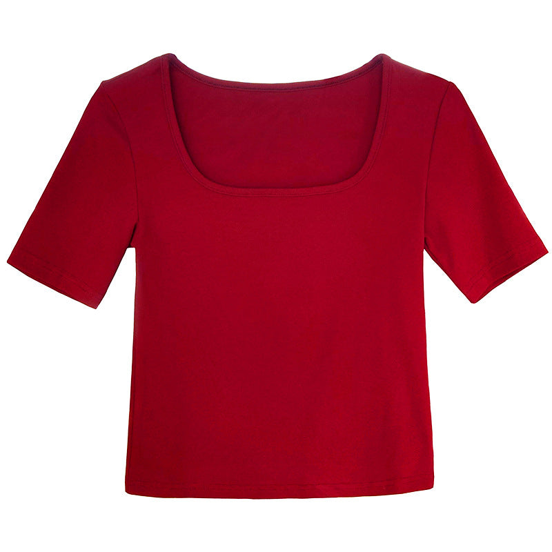 New solid color short square neck short-sleeved T-shirt women's high waist slim-fitting clavicle top