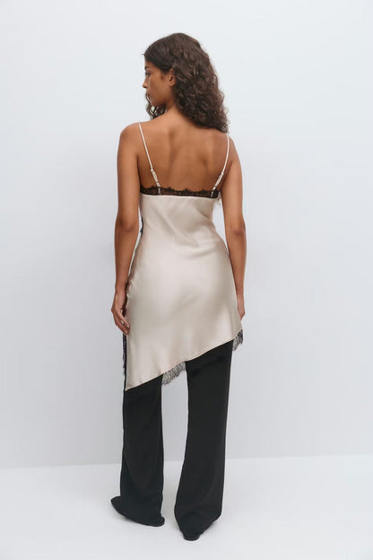 Fashion Satin Lace Asymmetrical Split Suspender Skirt