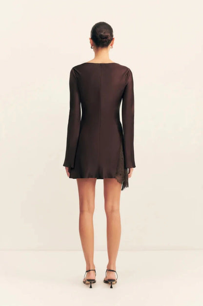 Satin Lace Splicing Flared Sleeve Short Skirt Sexy Pure Style Slim Dress