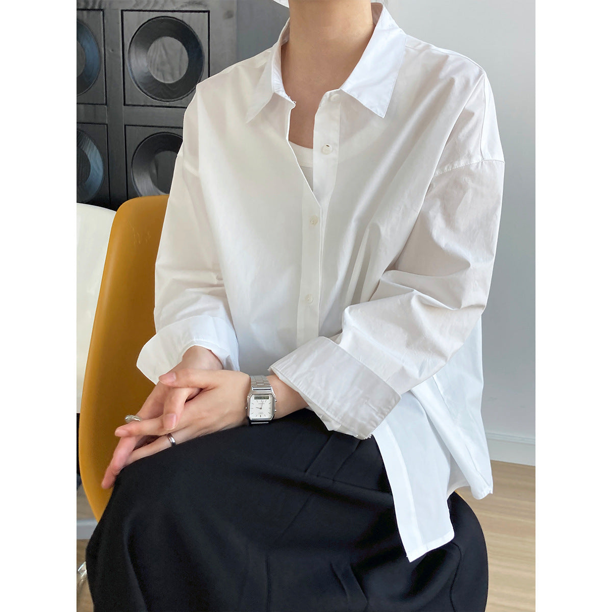 Autumn new 60 cotton solid color long-sleeved shirt women's simple loose overlay casual shirt