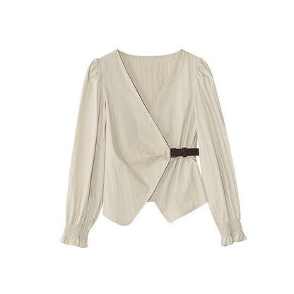 Temperament diagonal placket waist leather buckle v-neck long-sleeved shirt