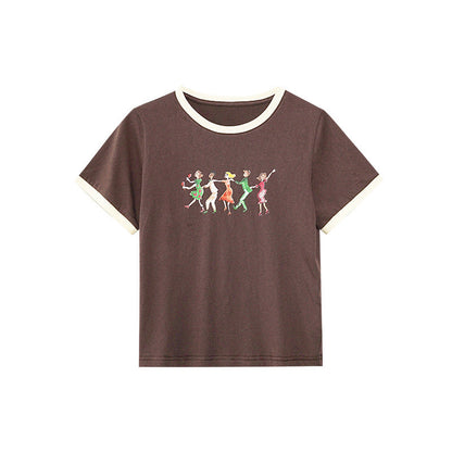 Chic Shoulder Embroidery Abstract Design Contrast Short Sleeve T-Shirt