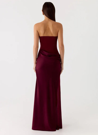 Fashion tube top sexy backless slim evening dress pleated hip skirt satin dress