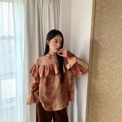 Lotus leaf edge top shoulder long sleeve gradual change tie-dye shirt