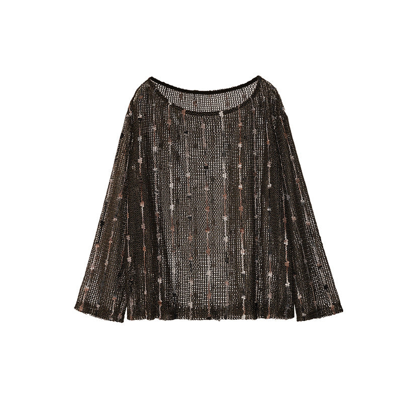 Perspective thin long-sleeved large round neck hollow-knit blouse top