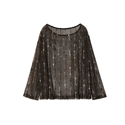 Perspective thin long-sleeved large round neck hollow-knit blouse top