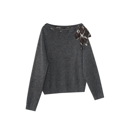 Atmospheric leopard print strap design diagonal neck off-the-shoulder sweater