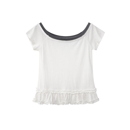 Contrasting slim T-shirt women's short-sleeved niche one-line collar top