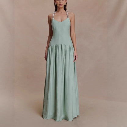 Fashion temperament Elegant V-neck beaded suspender skirt waist backless sexy dress