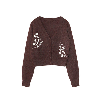 Gentle and sweet wool deep v-neck long-sleeved jacquard sweater cardigan