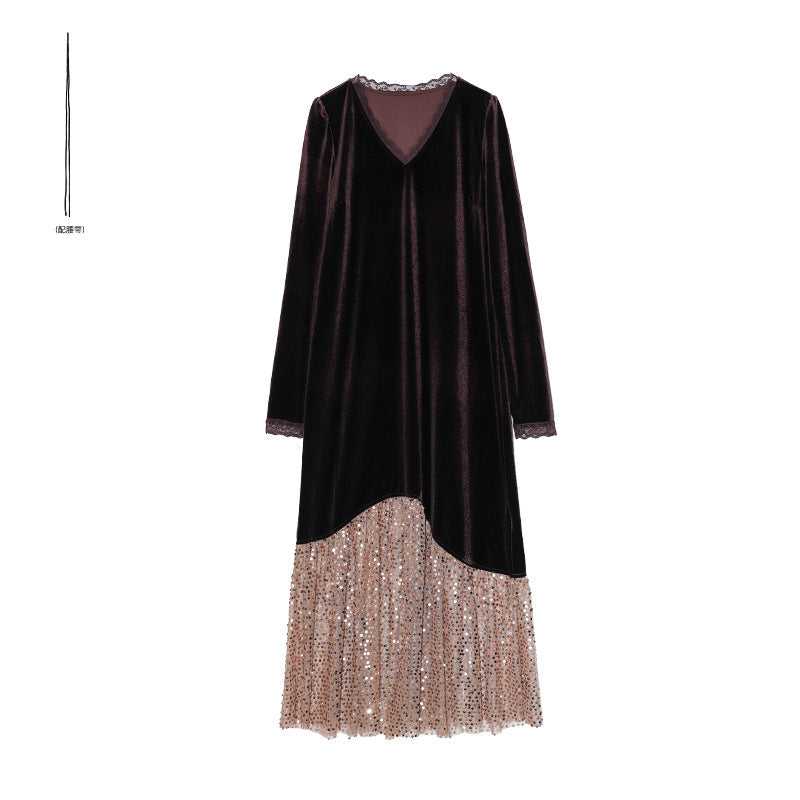 French elegance temperament heavy industry sequined evening dress velvet dress