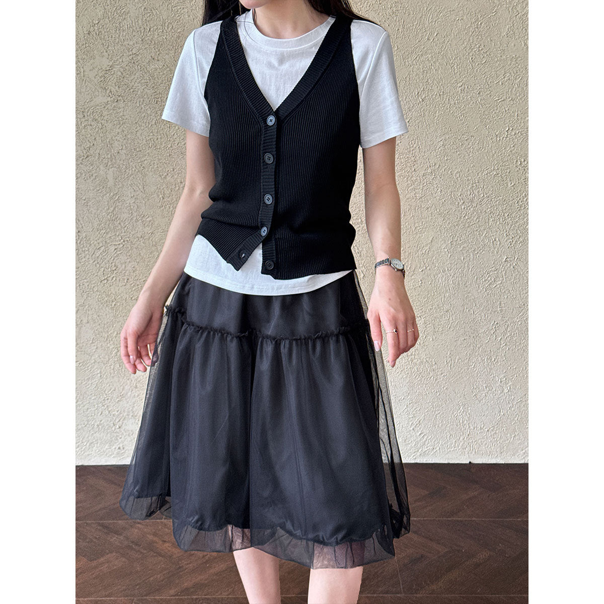 Tulle Mesh Skirt Women Korean Style A-Line Elastic Waist Mid-Length
