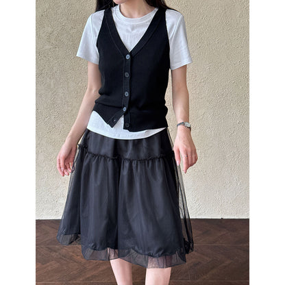Tulle Mesh Skirt Women Korean Style A-Line Elastic Waist Mid-Length