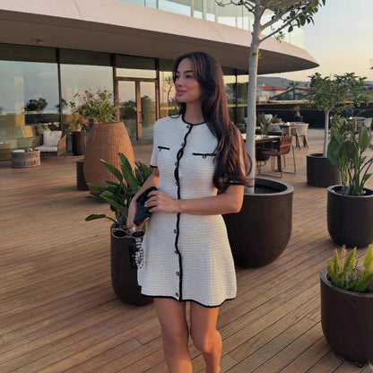 Cross-border foreign trade explosion knitted short-sleeved button small fragrant short skirt fashionable slim-fitting European and American dress women