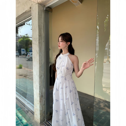 Floral white moonlight high-waisted stand-up collar sleeveless dress