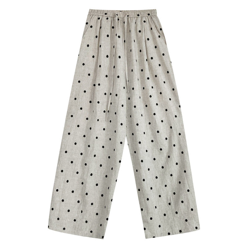 Heavy industry linen~ polka dot embroidery elastic waist thin cotton and linen casual pants women's wide-leg sickle pants