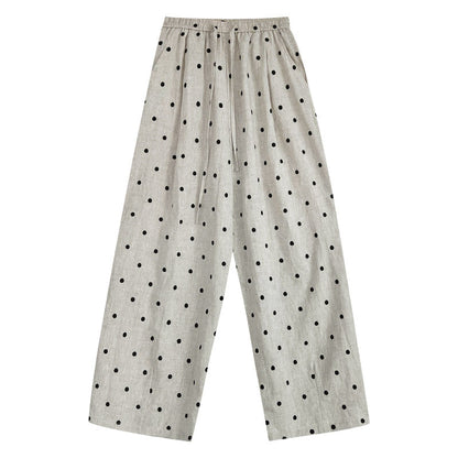 Heavy industry linen~ polka dot embroidery elastic waist thin cotton and linen casual pants women's wide-leg sickle pants