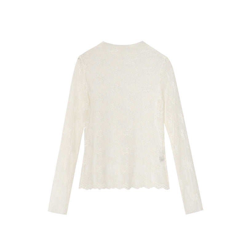 Perspective Thin Long Sleeve Embroidered Lace Shirt with Bottom
