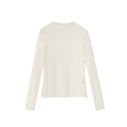 Perspective Thin Long Sleeve Embroidered Lace Shirt with Bottom