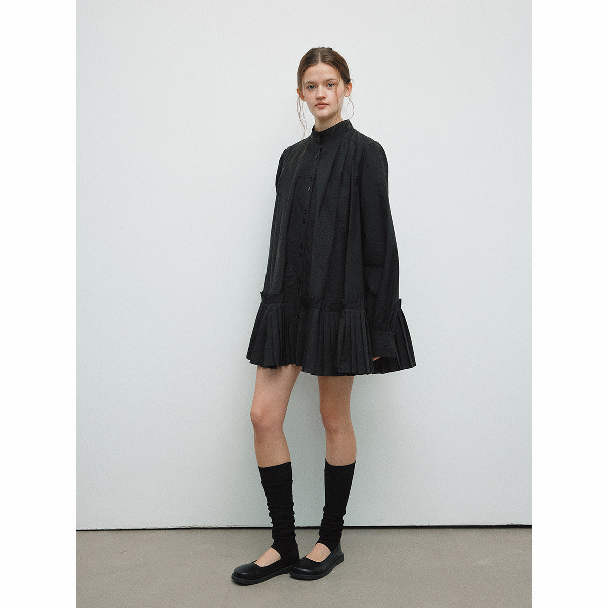 Spring casual semi-turtleneck transparent simple pleated medium and long cardigan dress