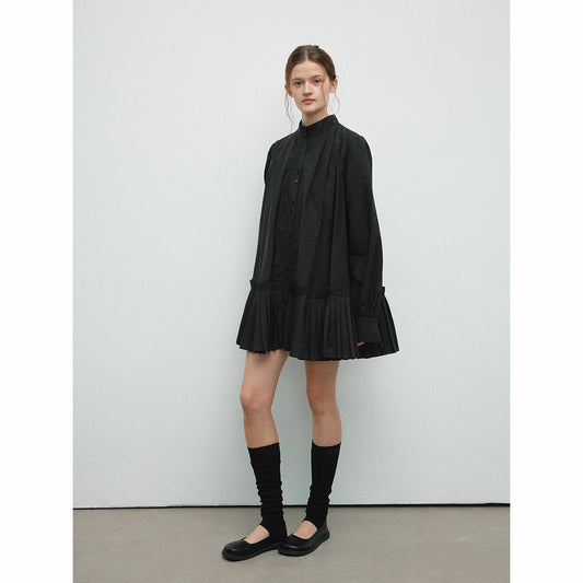 Spring casual semi-turtleneck transparent simple pleated medium and long cardigan dress