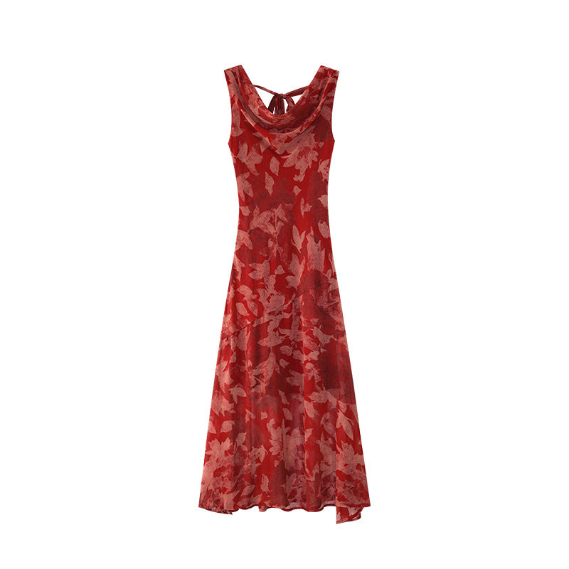 Women's High-Waist Floral Print Swing Collar Sleeveless A-Line Maxi Dress