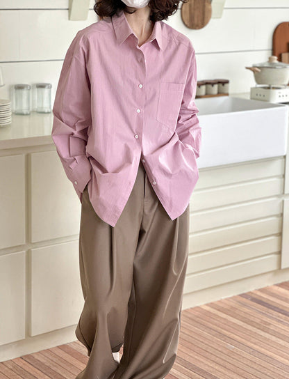 Lapel Long Sleeve Shirt Women Button-Up Solid Color Korean Style Top