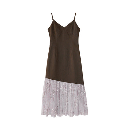 Temperament sequined splicing hem suspender dress