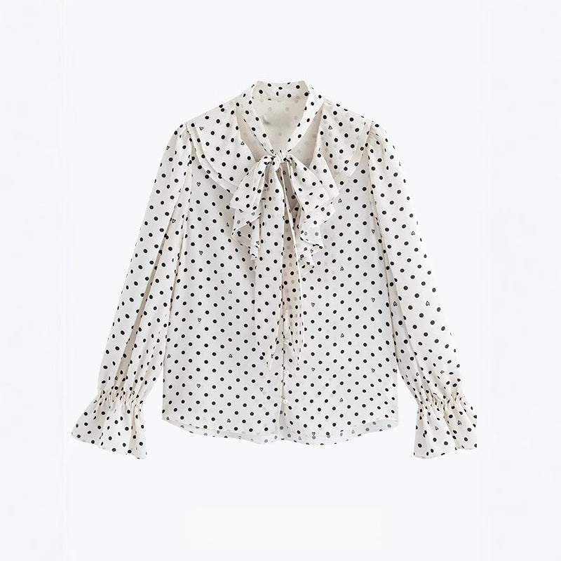 New French bow streamer polka dot card polka dot shirt women's autumn long-sleeved temperament satin top