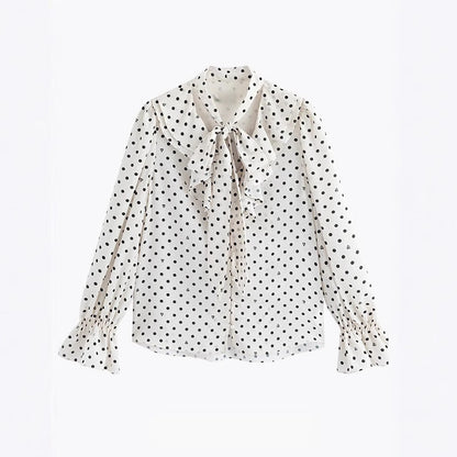 New French bow streamer polka dot card polka dot shirt women's autumn long-sleeved temperament satin top