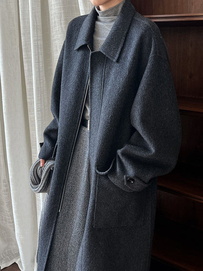 100% wool lapel zipper double-sided woolen coat women's design silhouette double patch bag long coat