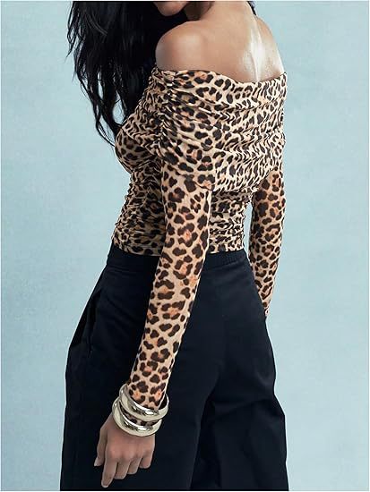 Asymmetrical Neck Long Sleeve Top Women Slim Fit Leopard Print Blouse