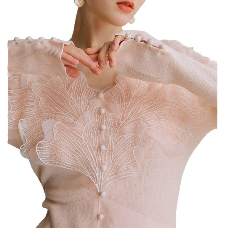 Pink feather cotton-blend knitted sweater bottoming shirt women's long-sleeved top