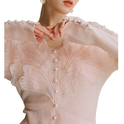 Pink feather cotton-blend knitted sweater bottoming shirt women's long-sleeved top
