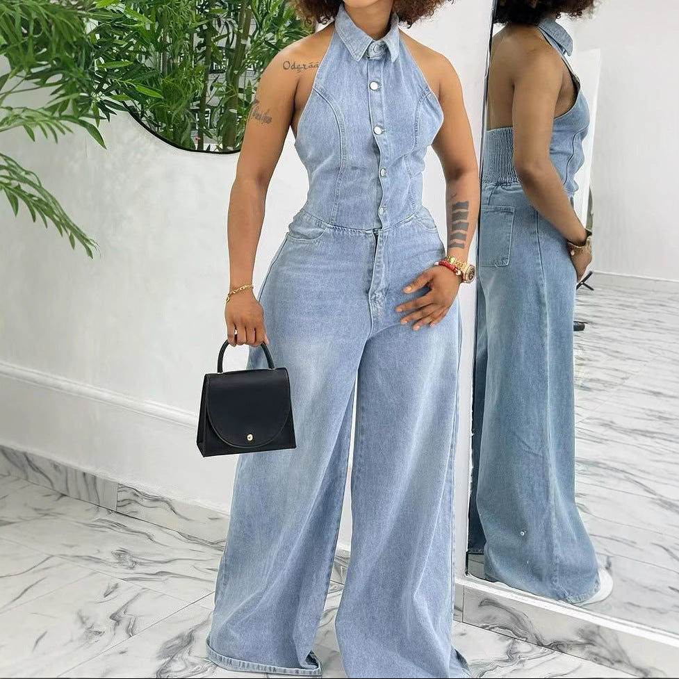Halter Neck Denim Jumpsuit Women Mid Waist Wide Leg Backless Romper