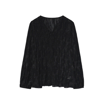 Lace-up V-neck pleated puff sleeves loose slimming shirt