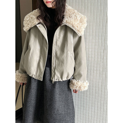Large lapel lamb wool short thickened leather jacket women's winter three-star 90 white duck down parker down jacket