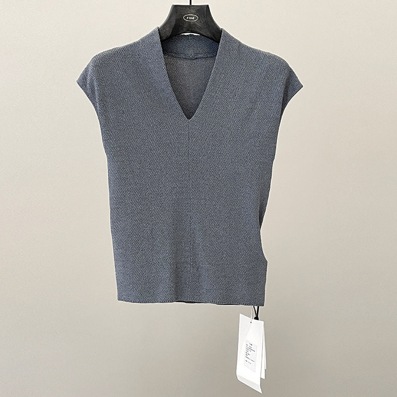 Spring and summer minimalist and versatile muscle-building V-neck slim-fitting and thin small flying-sleeved knitted sweater