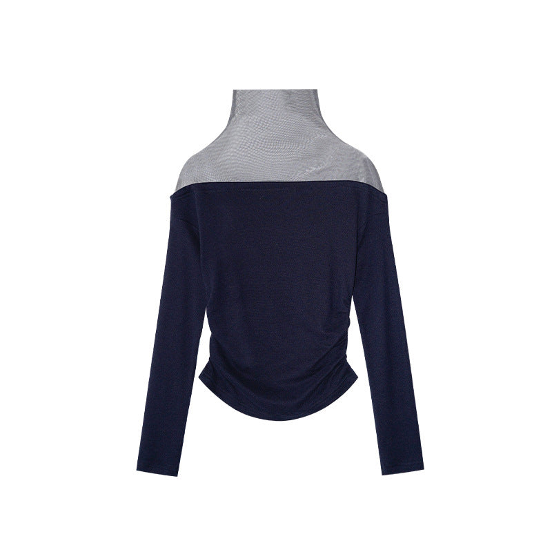 Mesh splicing long-sleeved inner semi-turtleneck bottoming shirt for women