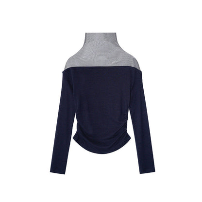 Mesh splicing long-sleeved inner semi-turtleneck bottoming shirt for women