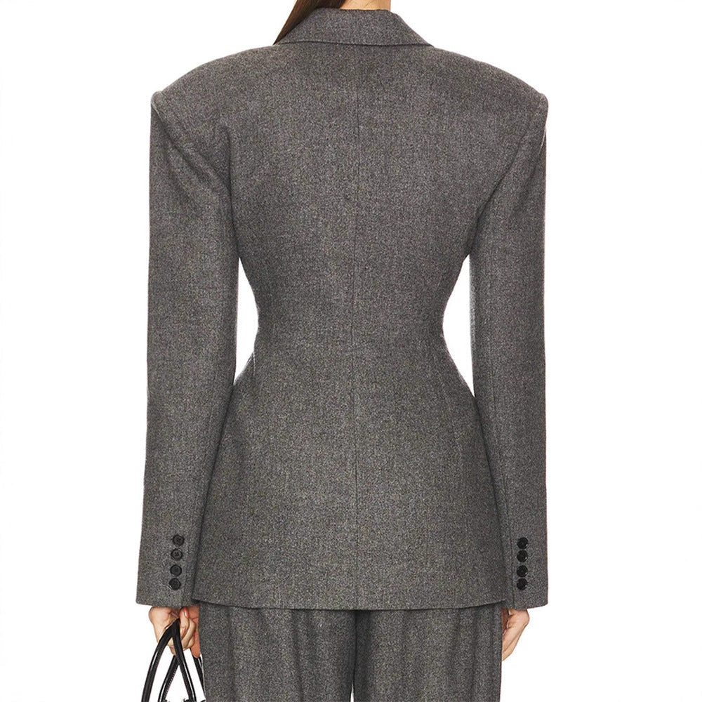 Wool Blazer Women Slim Fit Suit Collar Three-Button Mid-Length Jacket