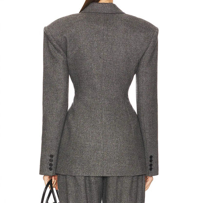 Wool Blazer Women Slim Fit Suit Collar Three-Button Mid-Length Jacket