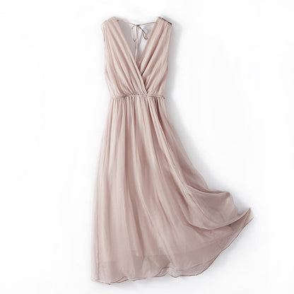 V-Neck Sleeveless Dress Women Mid Waist Mulberry Silk Maxi Two-Piece