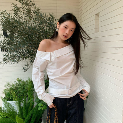 Temperament Design Sense Long Sleeve Curled Shoulder Shirt Top