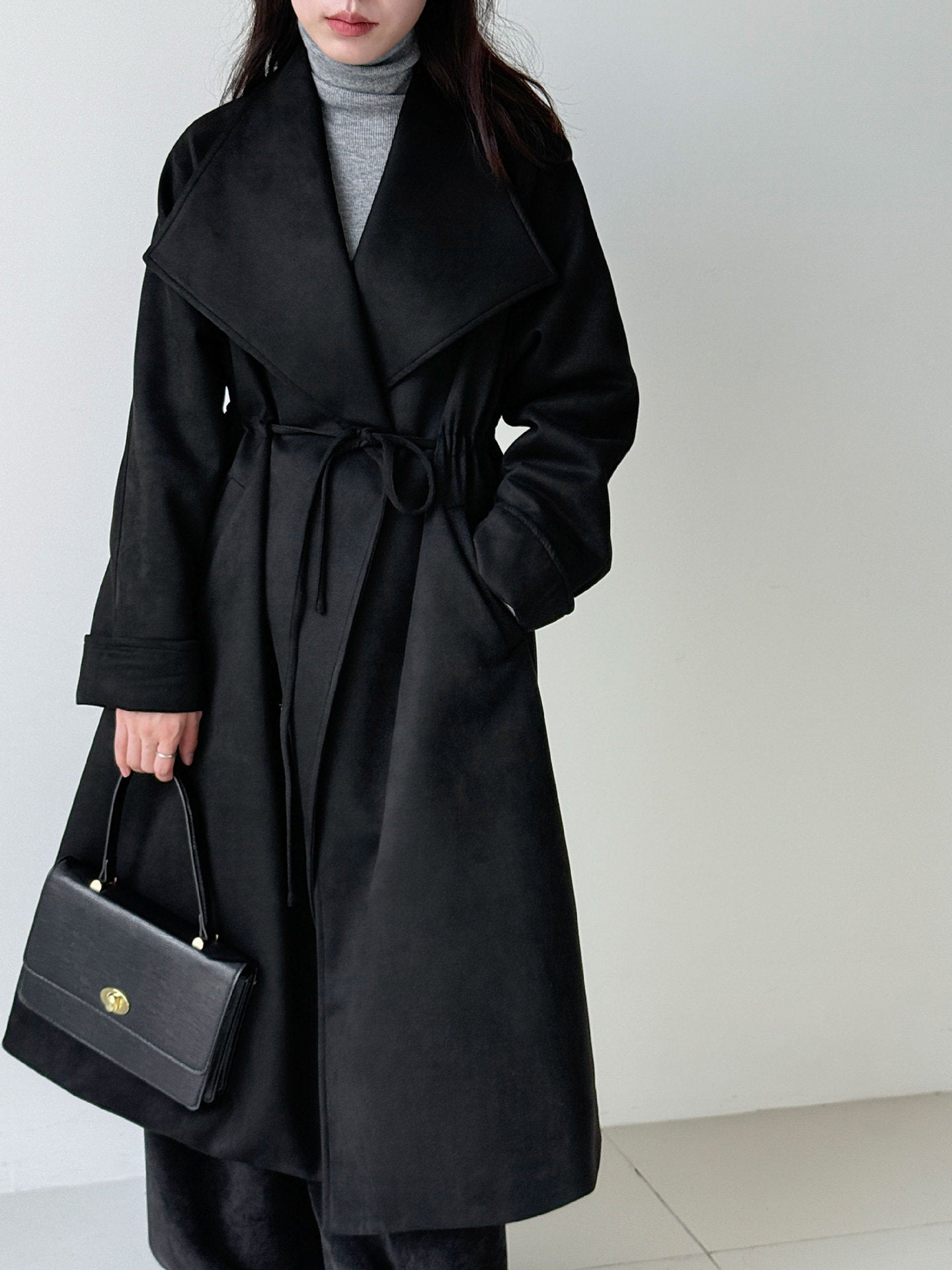 High-end silhouette long windbreaker relaxed drawstring plaid large lapel outwear women's autumnew arrival