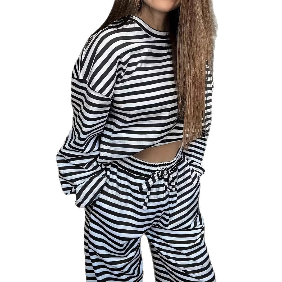 Striped Casual Two-Piece Set Women Long Sleeve Top High Waist Pants
