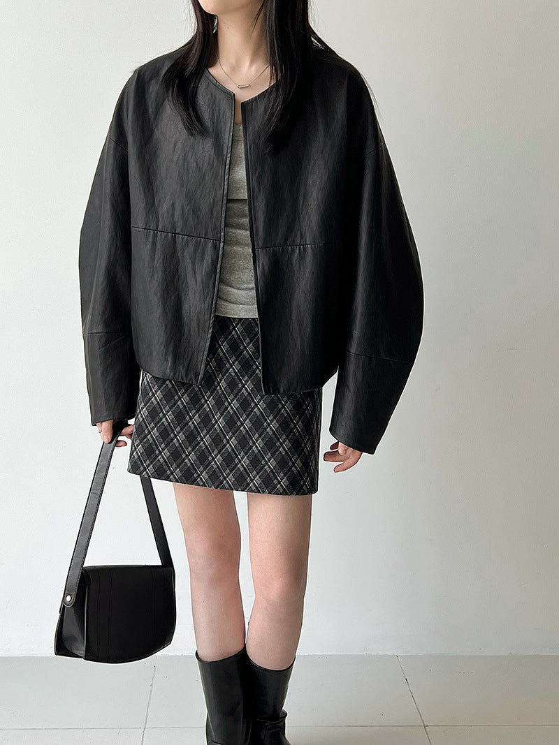 Short loose pu jacket old money wind jacket women's spring new minimalist casual flight leather jacket